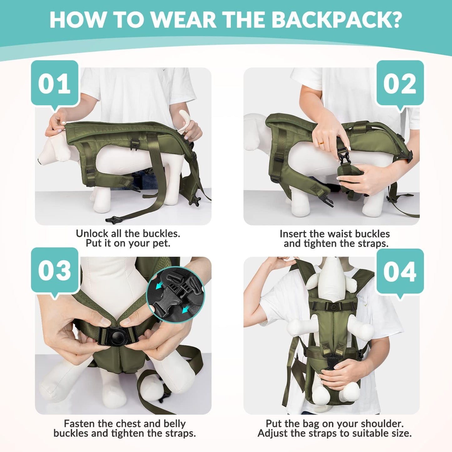 Dog Backpack Carrier, Legs Out Easy-Fit Dog Front Carrier for Small Medium Dogs, Adjustable Hands Free Dog Chest Carrier for Hiking Cycling (Green,X-Large)
